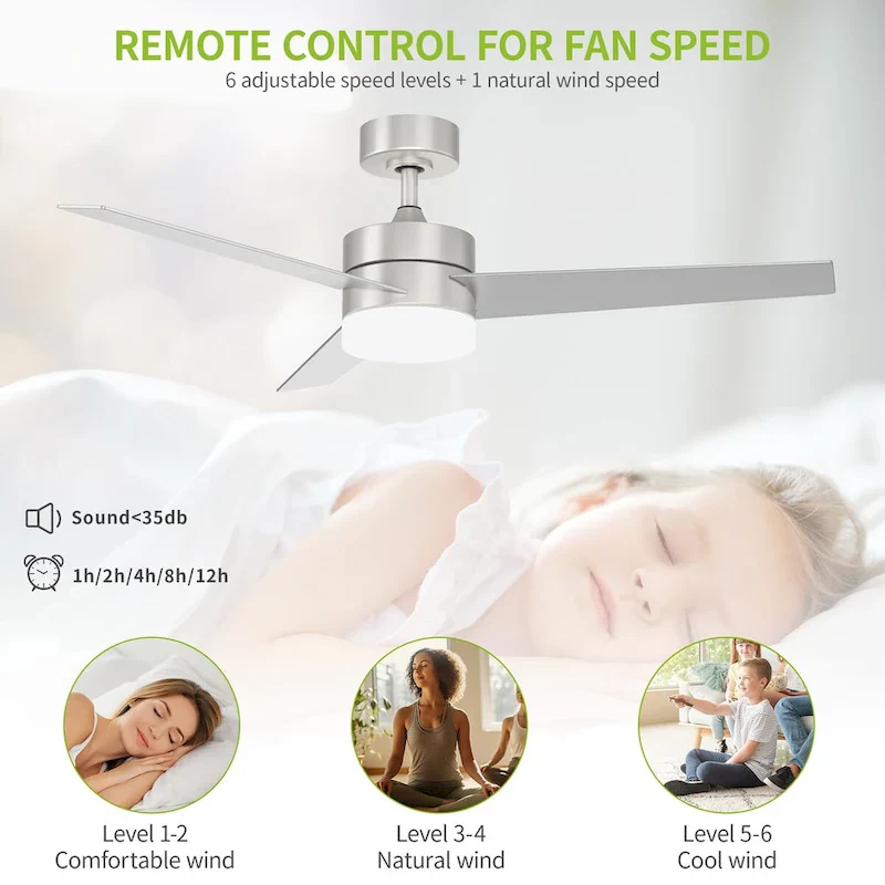 Modern Ceiling Fan with Adjustable LED Light and Remote Control, with 3 Blades - 52