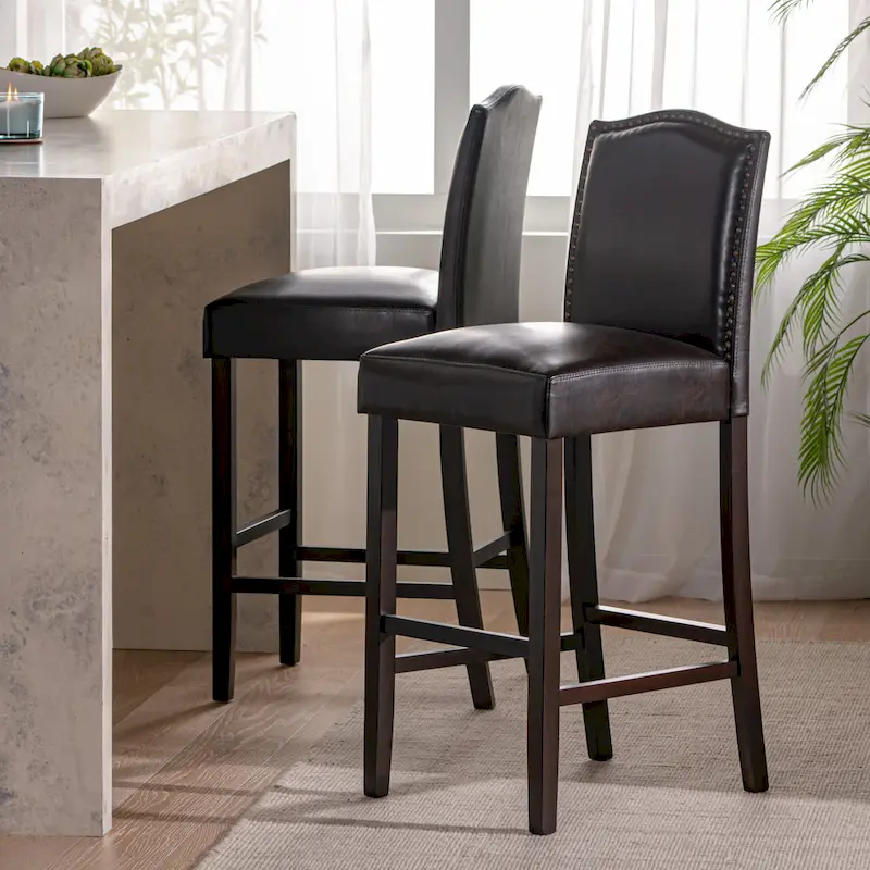 Modern Set of 2 Bar Stools with Leather Cushioned Backrests, Nailhead Trim, Solid Wood Legs for Dining Room Living Room Bar