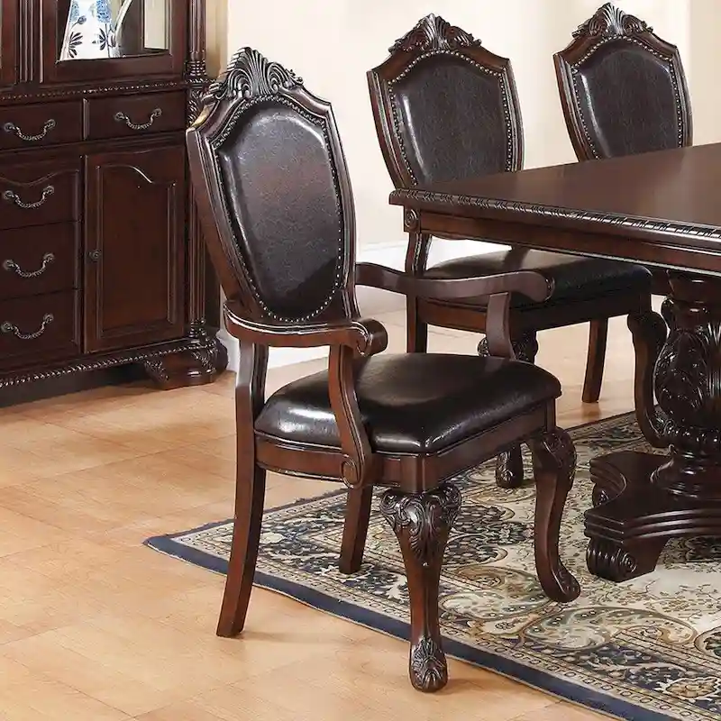 Dining Arm Chairs With Faux Leather Upholstery, Set Of 2, Dark Brown