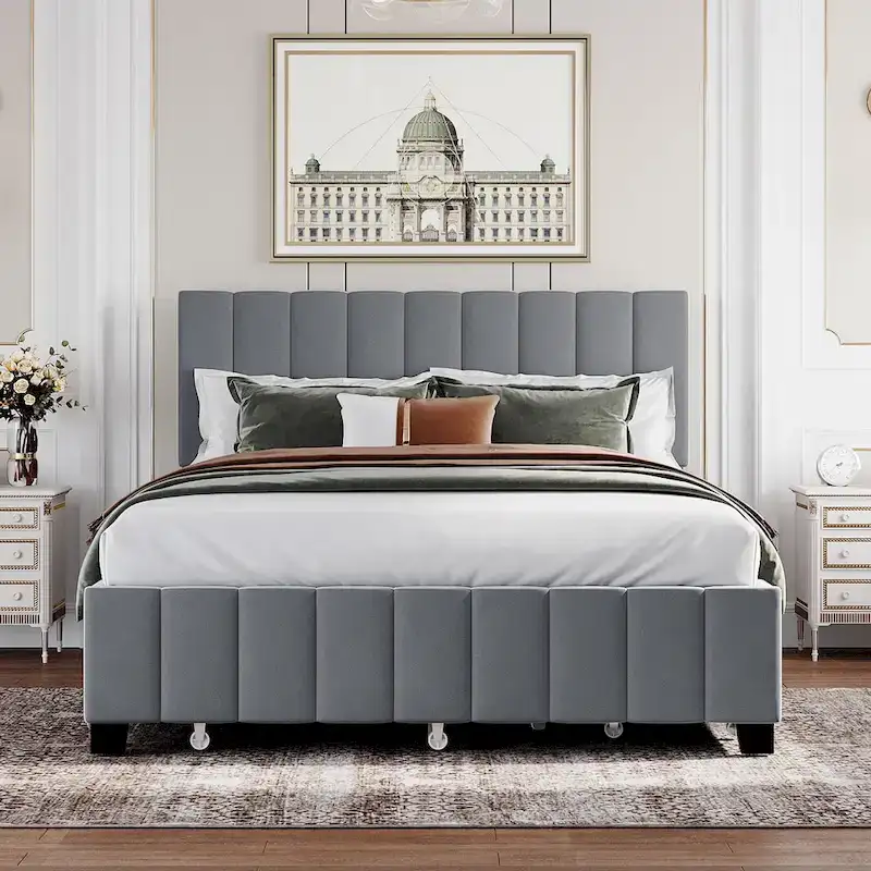 Queen Size Velvet Platform Bed with 1 Twin XL Trundle Upholstered Bed Frame and 2 Drawers Storage Bed No Box Spring Needed