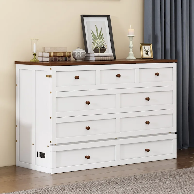 MERAX Solid Pine Murphy Bed Chest with Charging Station and Large Storage Drawer