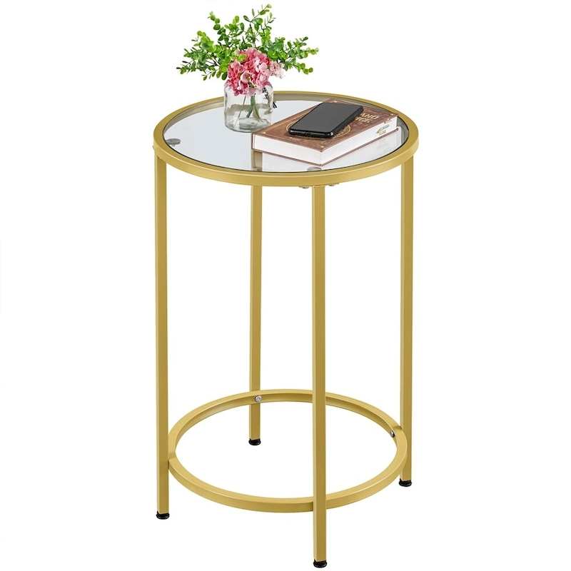 Yaheetech Round Accent Table Bedside Table with Metal Frame Glass Top