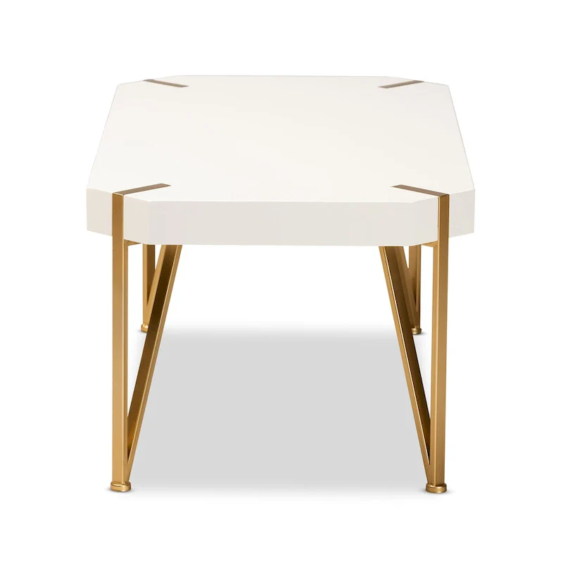 White & Gold Coffee Table - Rectangular with Angled Metal Legs (43.5
