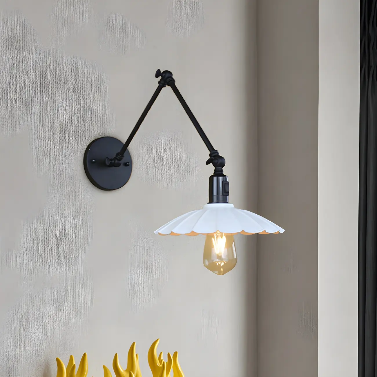 Metal Black Swing Arm Wall Light with Scalloped Shade