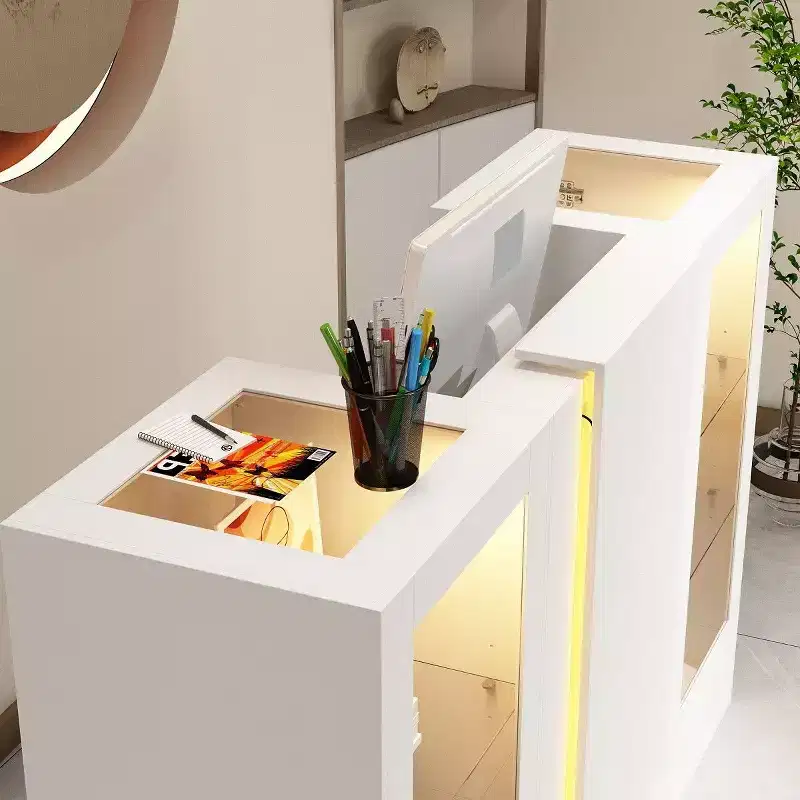 White Reception Desk Counter Table with Glass Display Shelves and LED