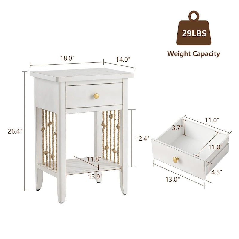 COSIEST Distressed White End Table with Drawer - 14D x 18W x 26.4H