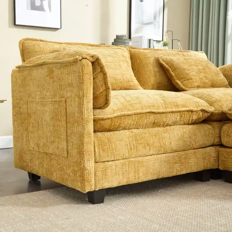 76.77 Chenille Upholstered Sofa with 2 Ottomans