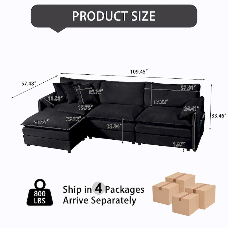109.45 Chenille Upholstered L-Shaped Modular Sectional Sofa with Double-Layer Cushions, DIY Combination
