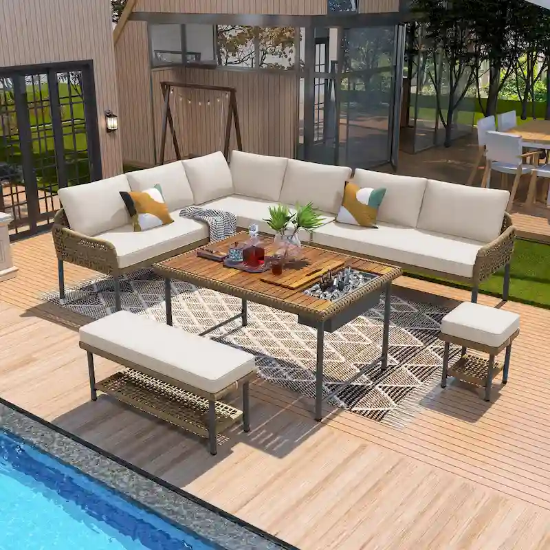 6 Pcs Piece Rope Furniture Set, Outdoor L-Shaped Sectional Sofa Set, Wood Table with Ice Box, Lounge Chair and Rope Bench