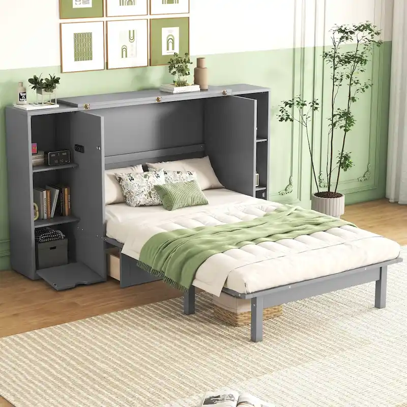 Queen Size Modern Style Murphy Bed with Shelves, Drawers and USB Ports for Bedroom