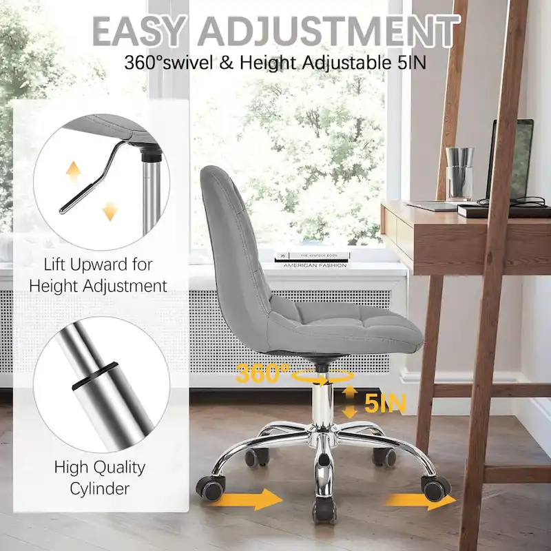 Armless Home Office Chair, Height Adjustable Computer Desk Chair with Wheels