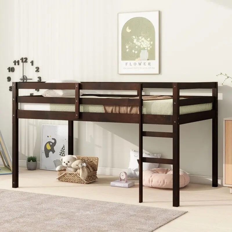Solid Rubber Wooden Twin Loft Bed with Ladder and Strengthened Slats