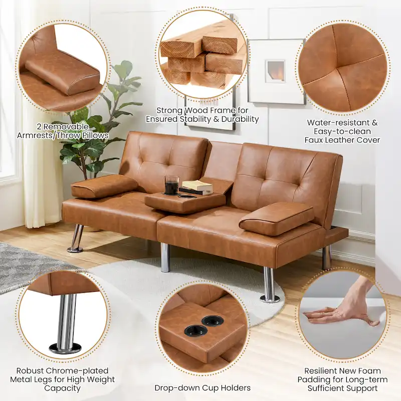 Yaheetech Faux Leather Convertible Futon Sofa Bed 3-In-1 Adjustable Futon Couch