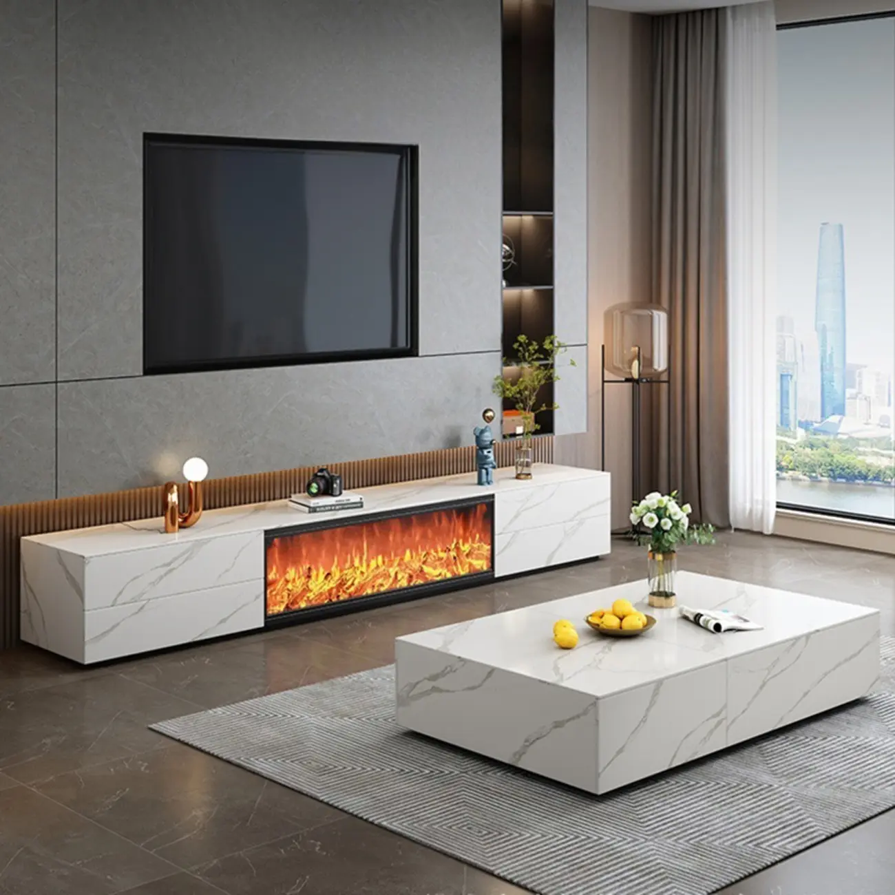 94.5 White Rectangle Stone TV Stand with Fireplace & Light