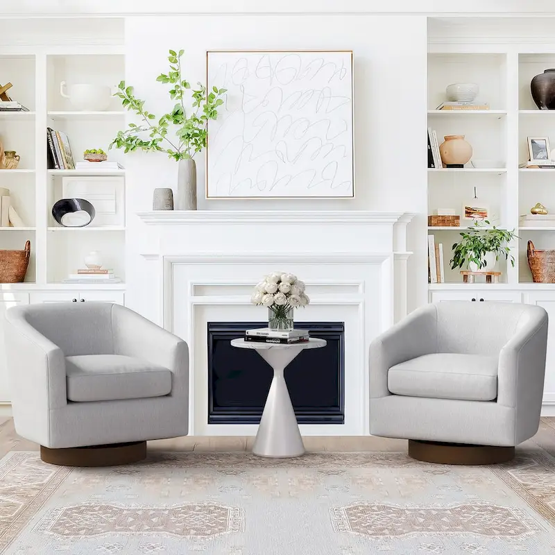 Modern Upholstered Accent Chair Fabric 360 Swivel Barrel Set of 2 Armchair Wood Frame