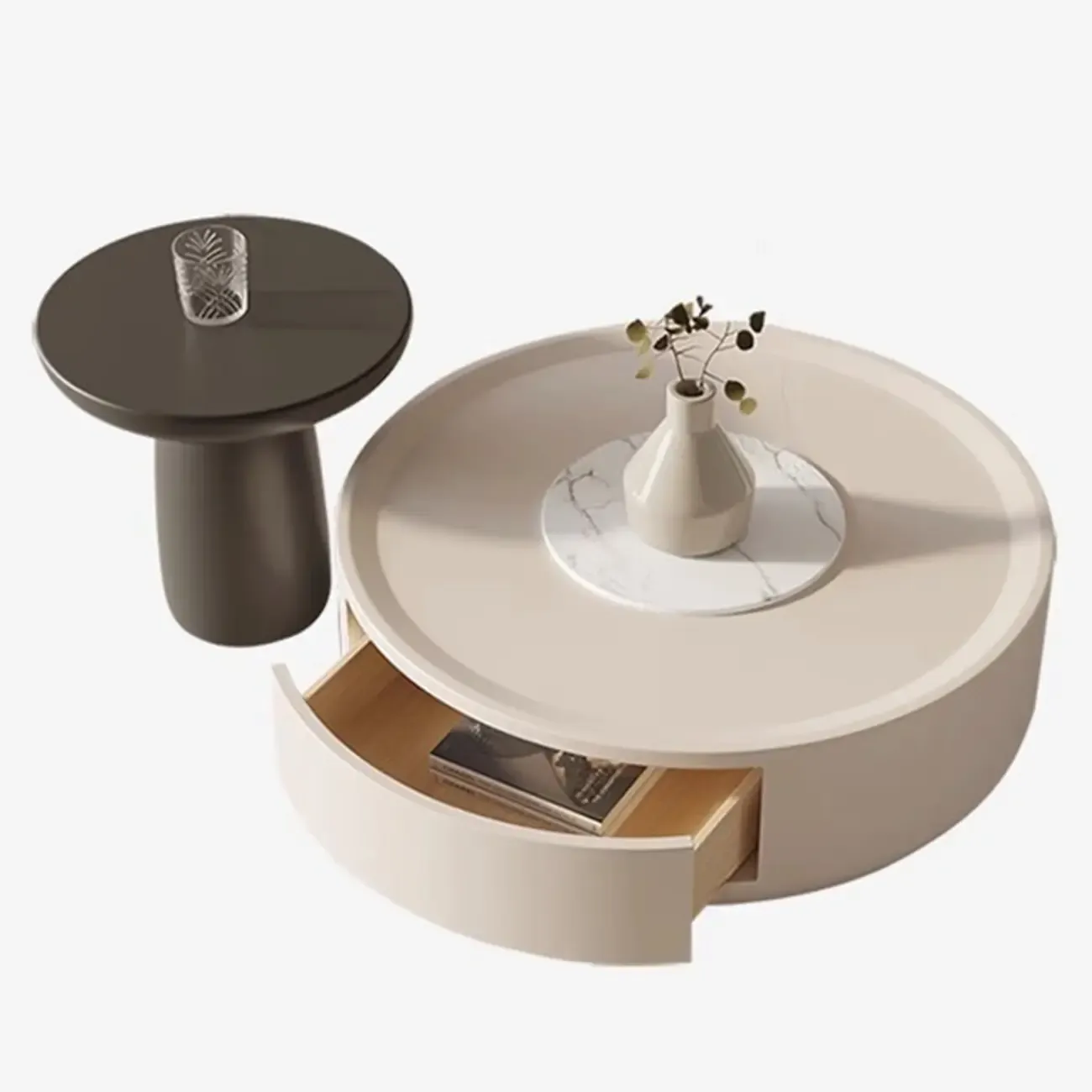 Modern White Round Coffee Table with Wood Base & Tray Top