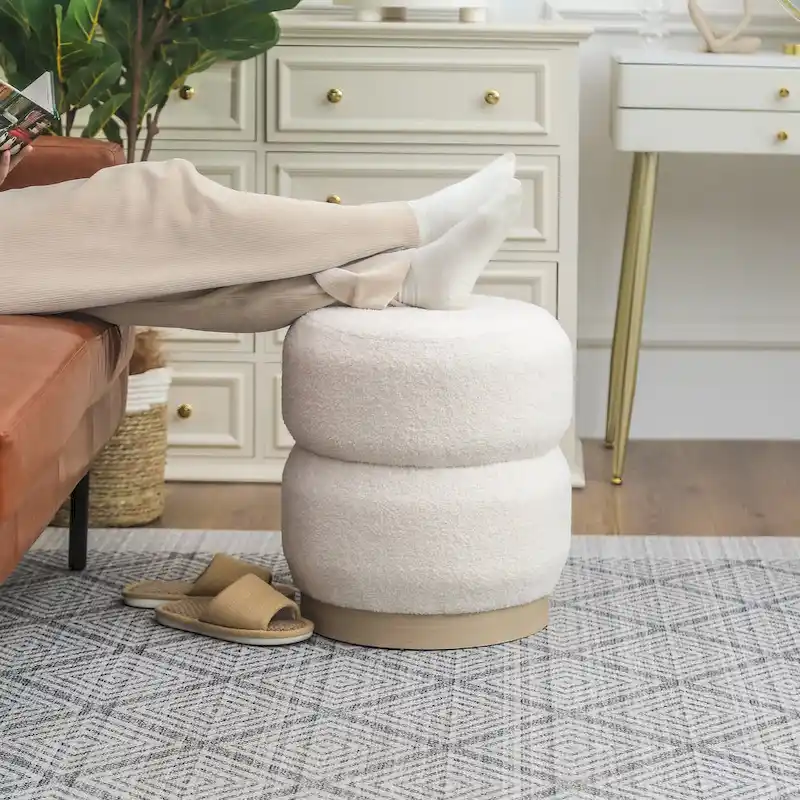 Adeco Teddy Round Upholstered Ottoman Stool
