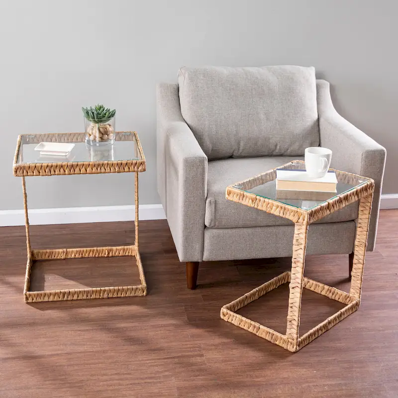 SEI Furniture Ivyside Coastal Natural Woven Fiber Glass End Nesting C Tables