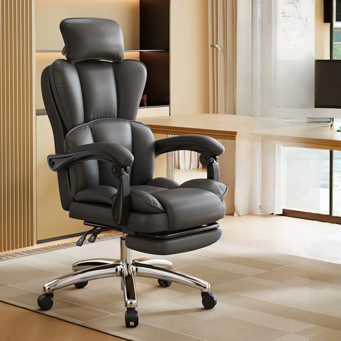 Modern Khaki Leather Adjustable Reclining Office Chair