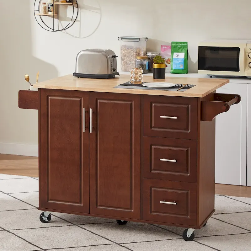 Kitchen Island with Drop Leaf Countertop,Rolling Kitchen Island Cart,Barn Door Kitchen Island Table with Storage Cabinet