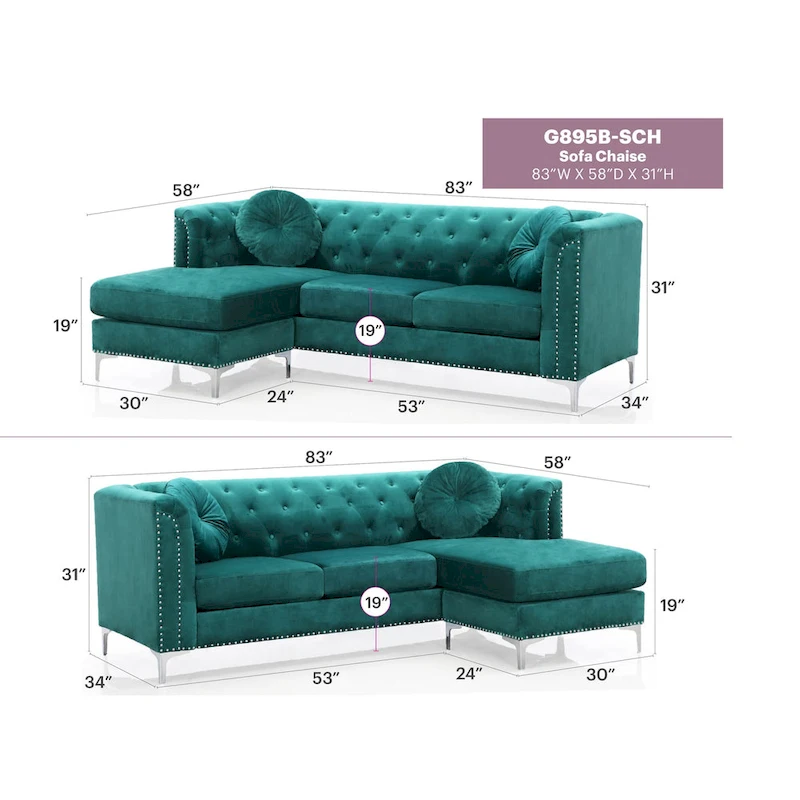 Pompano 83 in. Tufted Velvet Sectional with 2-Throw Pillow - 83L x 58W x 31H