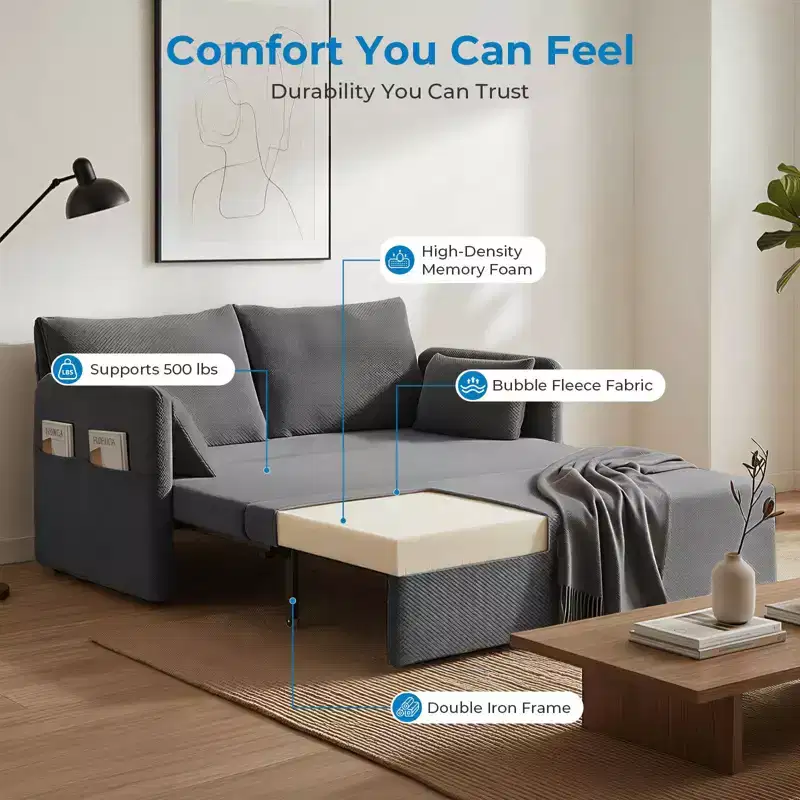 Mjkone Convertible Sofa Bed with Adjustable Backrest, Bubble Fleece, Grey