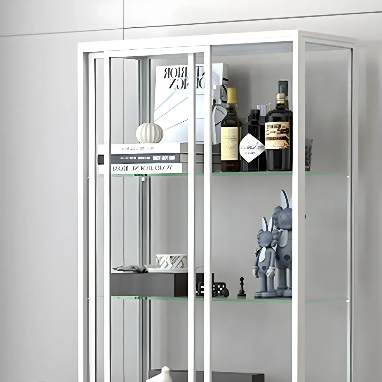 Black Metal Frame Glass Shelves Curio Cabinet