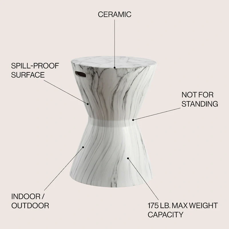 African Drum 17.3  White Marble Finish Ceramic Garden Stool by