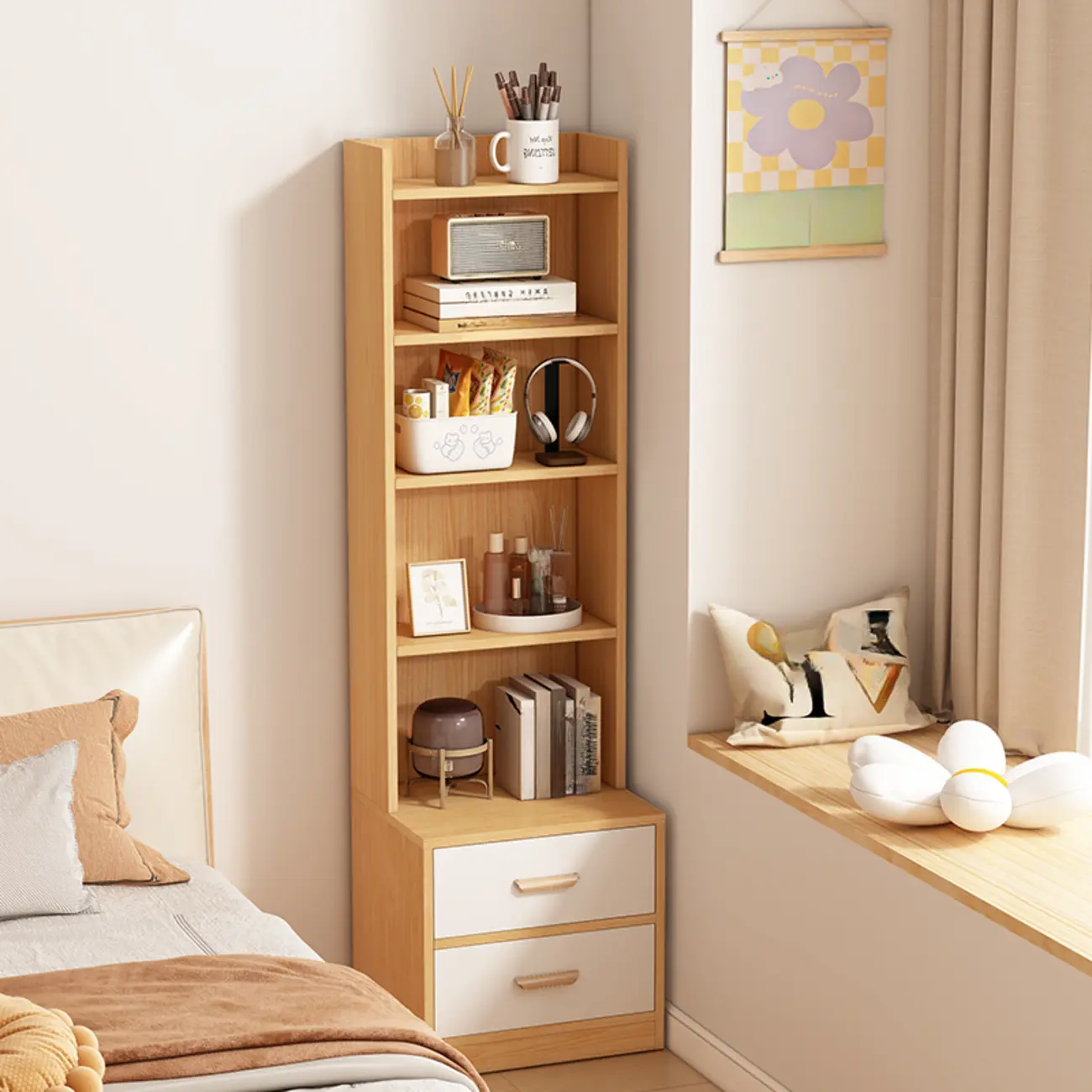Multi-functional Wooden 5-Shelf Closed Back White Bookcase