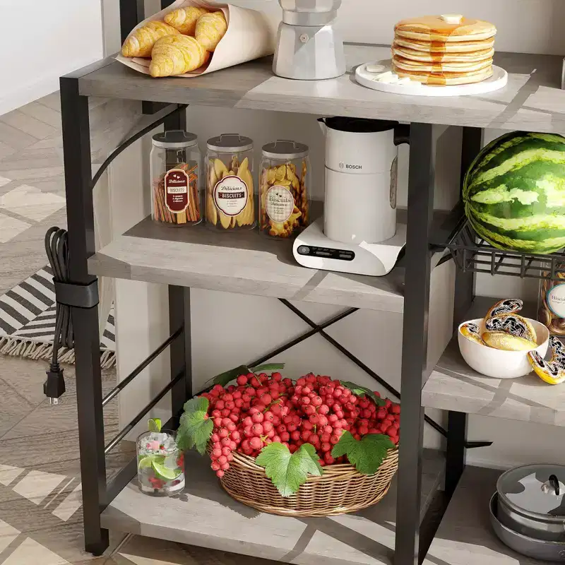 Industrial Kitchen Bakers Rack with Power Outlet - 6-Tier Space-Saving Microwave Stand