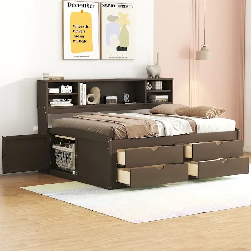 Merax Full Size Wood Daybed with Cabinets, Shelves and 4 Drawers