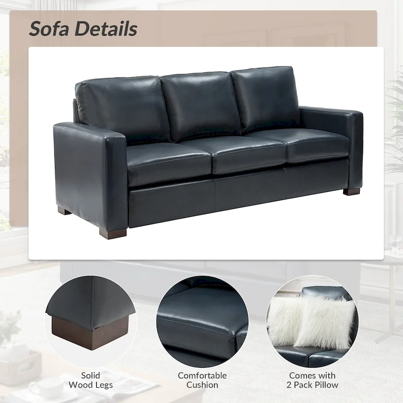 Ernando 83.46 Wide Genuine Leather Sofa with Squared Arms and Pillows