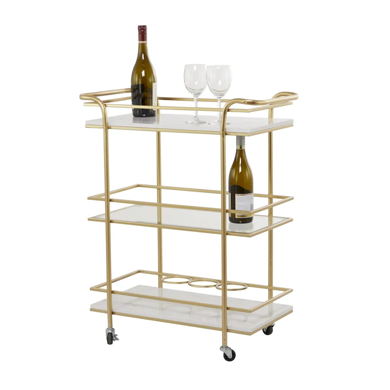 Gold 3-Tier Rolling Bar Cart with Marble and Glass Shelves – Single Unit