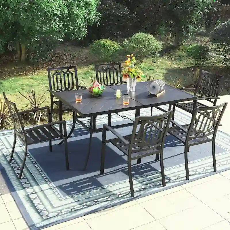 MAISON ARTS Patio Dining Set 7 Piece Metal Rectangle Patio Table with 2.6  Umbrella Hole and 6 Metal Dining Chairs, Black