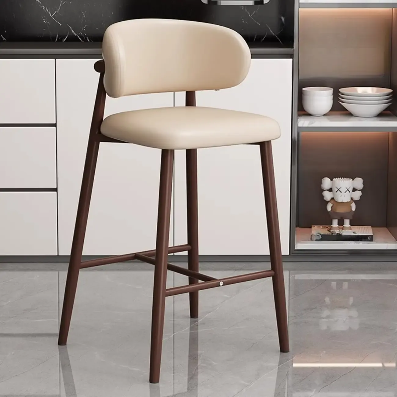Modern Off-White Leather Curved Back Counter Bar Stools