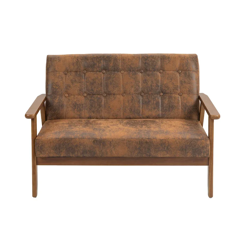 Mid-Century Linen/PU Upholstered Wood Frame Tufted Loveseat Sofa