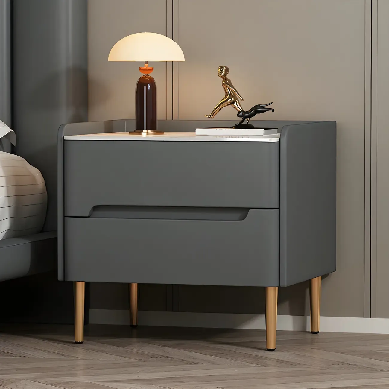 Elegant Green Wood Stone Top Gold Legs 2-Drawer Nightstand