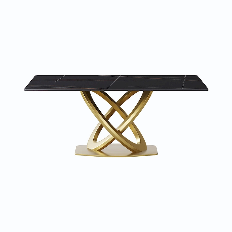 70 White Sintered Stone Dining Table with Stainless Steel Gold Pedestal