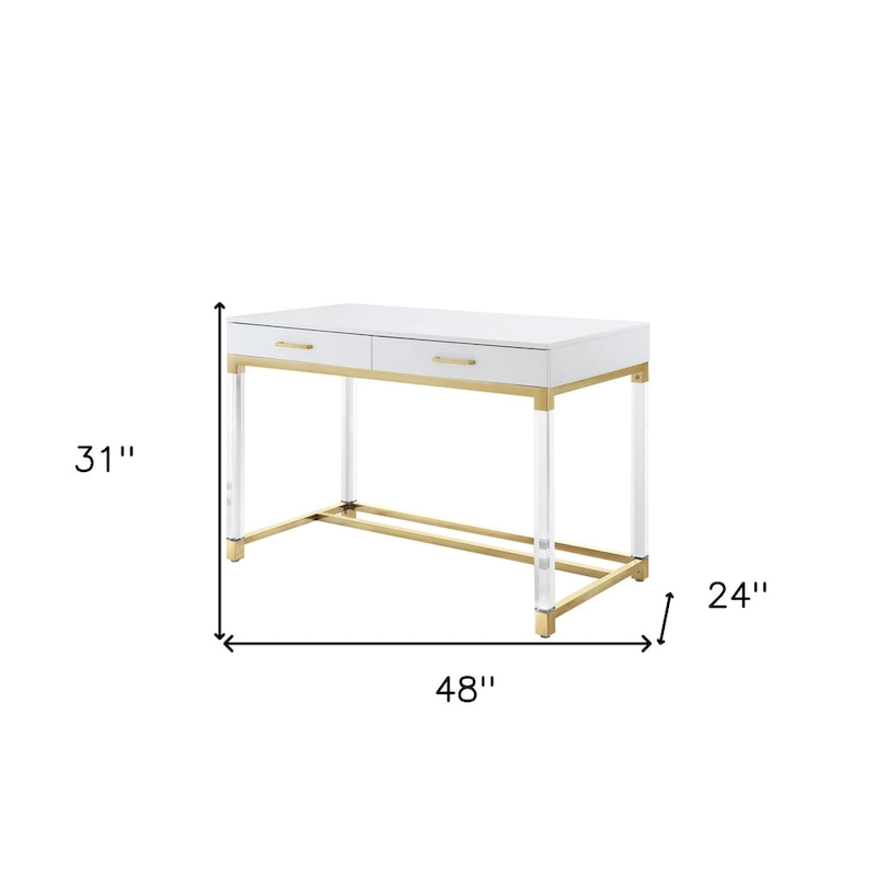 HomeRoots 48 White Clear and Gold Wood Acrylic and Stainless Steel Writing Desk With Two Drawers