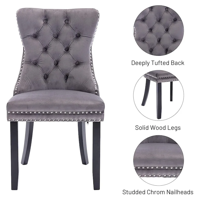 Dining Chairs Set of 2, Upholstered Accent Chair Button Tufted Armless Chair with Back Ring Pull and Nailhead Trim