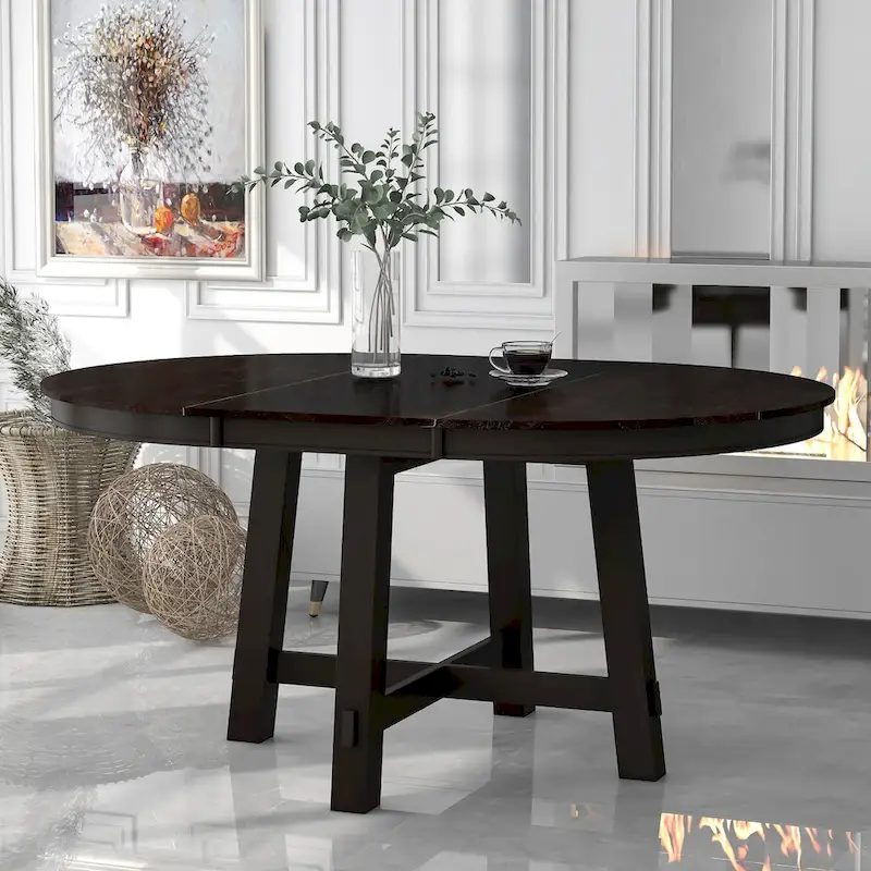 Farmhouse Round Extendable Dining Table with 16   Leaf Wood Kitchen Table