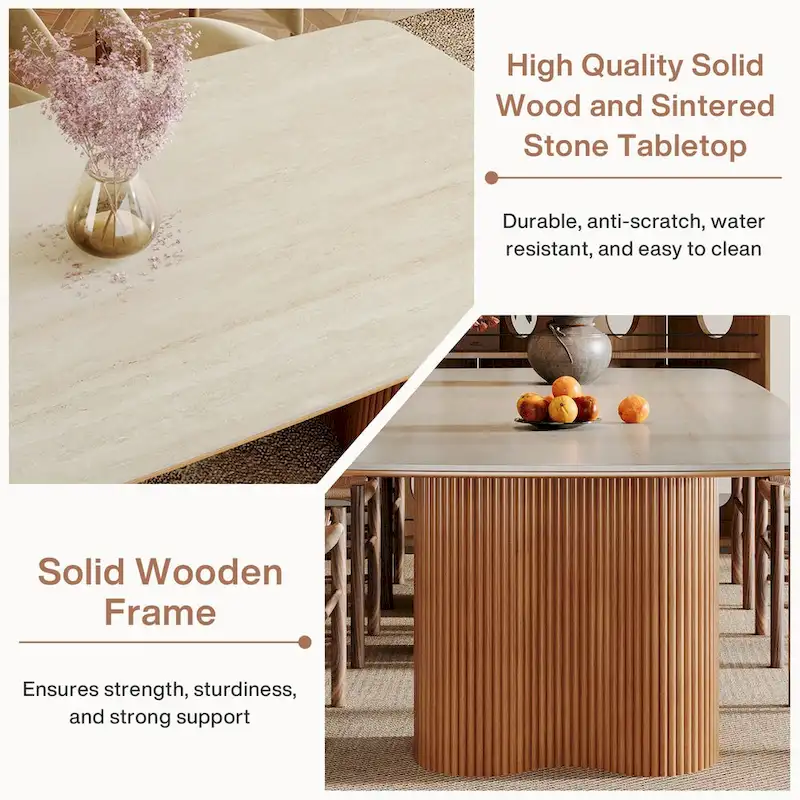 78.7 Rectangle Dining Table, Luxury Sintered Stone Kitchen Table with Solid Wood Legs