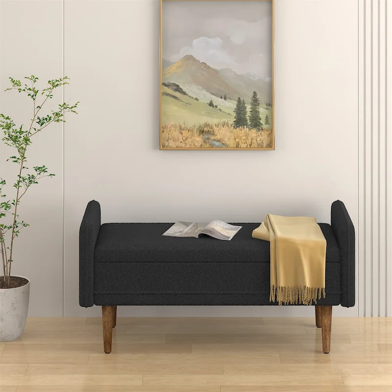 Black / Green Linen Fabric Lift-Top Storage Bench