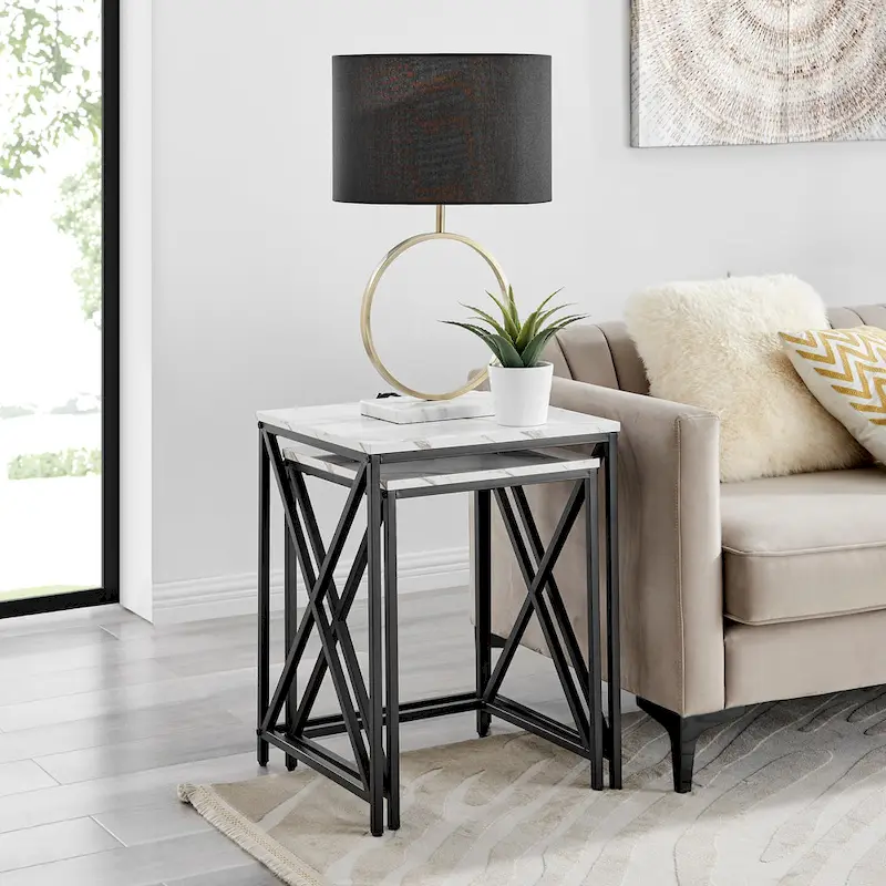 Modern Square Marble Finish Veneer Top Black Metal Frame Nesting End Tables - Set of 2