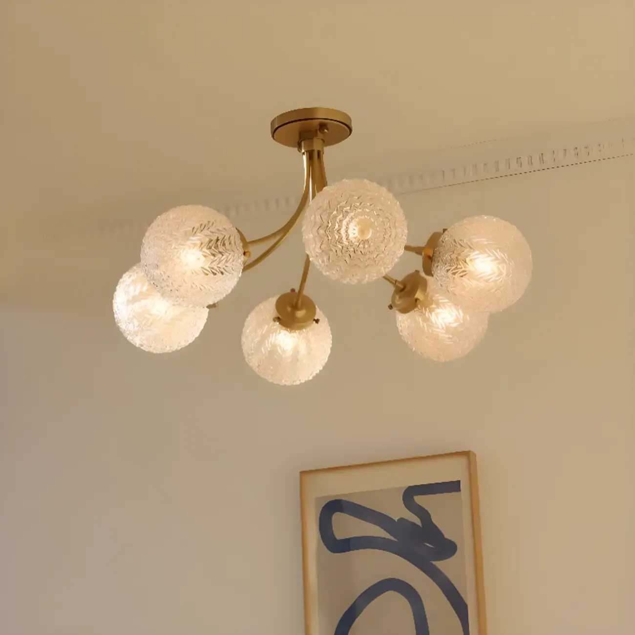 Elegant 6-Light Globe Glass Golden Semi Flush Ceiling Light