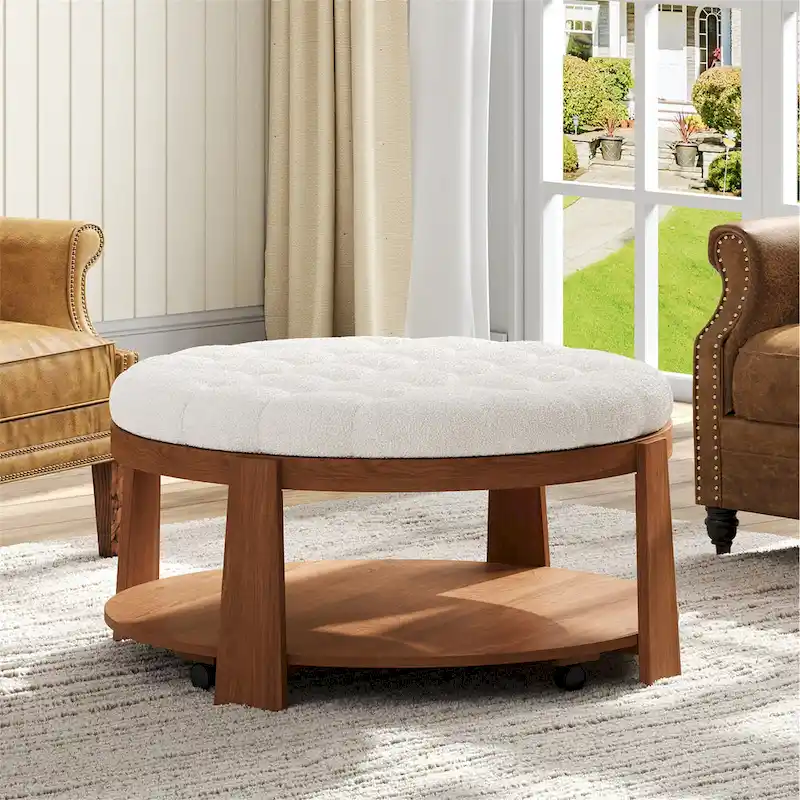 36  Round Button Tufted Upholstered Coffee Table with Wood Shelf and Wheel