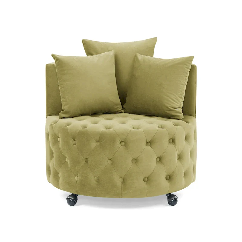 Living Room Velvet Swivel Chair with Button Tufted Design, 3 Pillows & Movable Wheels