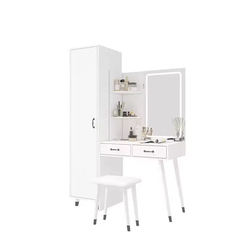 Karl Home White Makeup Vanity Table and Slim Armoire Wardrobe Set