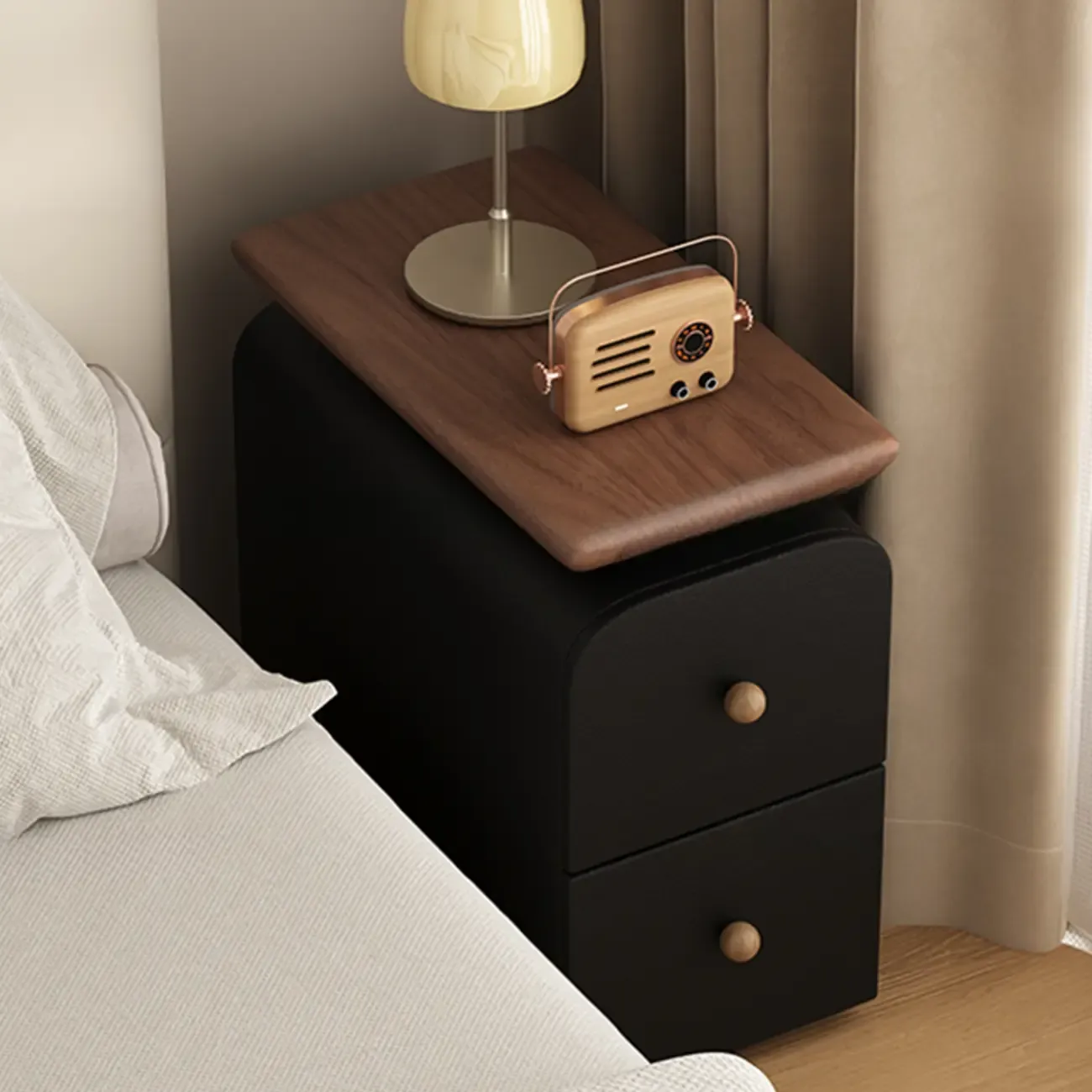 Faux Leather Modern Curved Nightstand Wood Top
