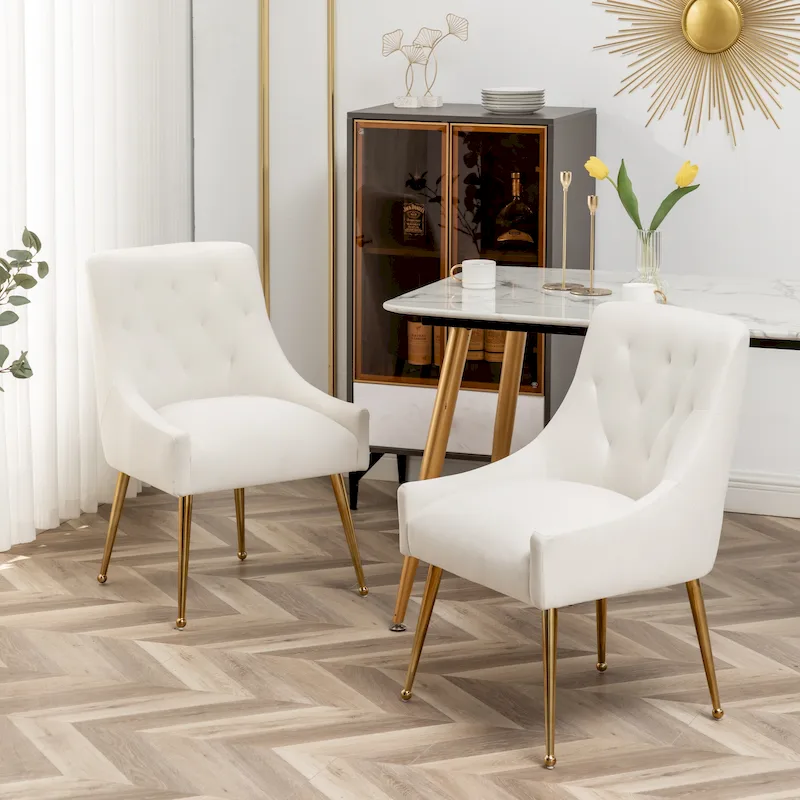 SEYNAR Modern Boucle Velvet Upholstered Accent Dining Chair Set of 2 Tufted Back Armless Chair with Golden Legs